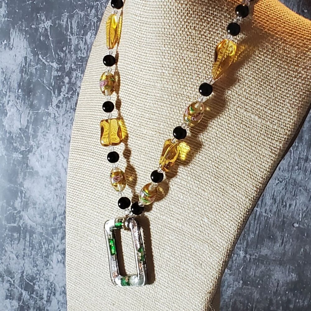 Handcrafted Black Amber Clear Lampwork Glass Geometric Pendant Necklace